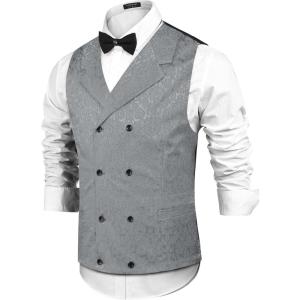 imageCOOFANDY Mens Victorian Vest Steampunk Double Breasted Suit Vest Slim Fit Brocade Paisley Floral WaistcoatGrey