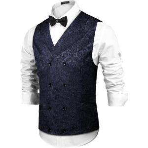 imageCOOFANDY Mens Victorian Vest Steampunk Double Breasted Suit Vest Slim Fit Brocade Paisley Floral WaistcoatNavy Blue