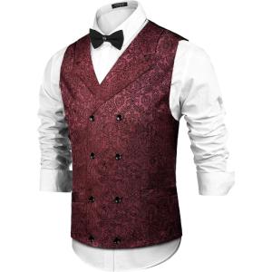 imageCOOFANDY Mens Victorian Vest Steampunk Double Breasted Suit Vest Slim Fit Brocade Paisley Floral WaistcoatWine Red
