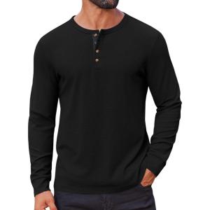imageCOOFANDY Mens Waffle Henley Shirts Long Sleeve Casual TShirt Basic Lightweight Pullover TeesBlack