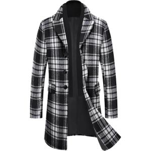 imageCOOFANDY Mens Wool Blend Coat with Detachable Plaid Scarfs Notched Collar Single Breasted Pea Coat Trench Overcoat2black Plaid