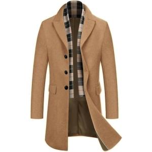 imageCOOFANDY Mens Wool Blend Coat with Detachable Plaid Scarfs Notched Collar Single Breasted Pea Coat Trench OvercoatCoffee