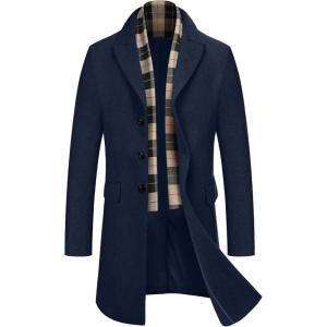 imageCOOFANDY Mens Wool Blend Coat with Detachable Plaid Scarfs Notched Collar Single Breasted Pea Coat Trench OvercoatNavy Blue