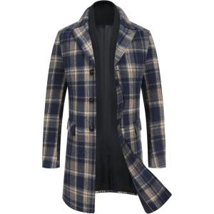 imageCOOFANDY Mens Wool Blend Coat with Detachable Plaid Scarfs Notched Collar Single Breasted Pea Coat Trench OvercoatNavy Plaid