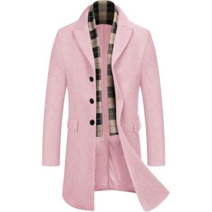 imageCOOFANDY Mens Wool Blend Coat with Detachable Plaid Scarfs Notched Collar Single Breasted Pea Coat Trench OvercoatPink