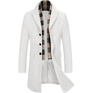 imageCOOFANDY Mens Wool Blend Coat with Detachable Plaid Scarfs Notched Collar Single Breasted Pea Coat Trench OvercoatWhite