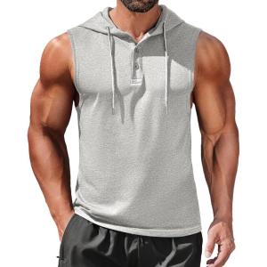 imageCOOFANDY Mens Workout Hooded Tank Tops Sleeveless Gym Hoodies Cotton Muscle Cut Off Shirt Bodybuilding Henley ShirtsLight Grey