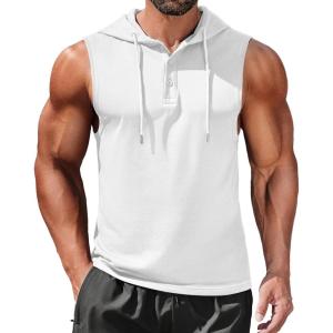 imageCOOFANDY Mens Workout Hooded Tank Tops Sleeveless Gym Hoodies Cotton Muscle Cut Off Shirt Bodybuilding Henley ShirtsWhite