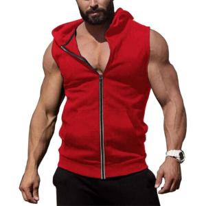 imageCOOFANDY Mens Workout Hooded Tank Tops Zip Up Sleeveless Hoodie Bodybuilding Fitness Gym Muscle Cut Off T ShirtRed