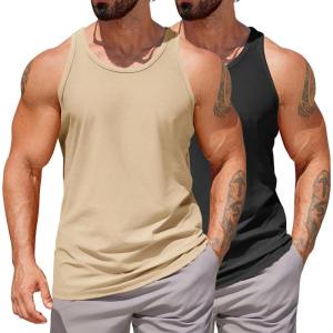 imageCOOFANDY Mens Workout Tank Tops 2 Pack Y Back Sleeveless Shirts Gym Muscle T Shirt Bodybuidling Athletic Stringer TeeKhakiBlack
