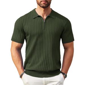 imageCOOFANDY Mens Zipper Polo Shirts Short Sleeve Ribbed Knit Polo T Shirts Fashion Casual Golf ShirtsArmy Green