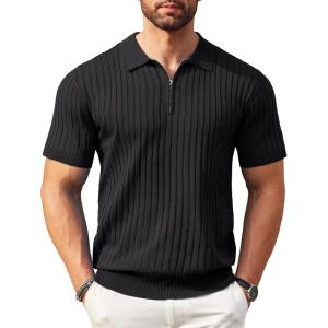 imageCOOFANDY Mens Zipper Polo Shirts Short Sleeve Ribbed Knit Polo T Shirts Fashion Casual Golf ShirtsBlack