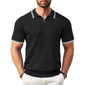 imageCOOFANDY Mens Zipper Polo Shirts Short Sleeve Ribbed Knit Polo T Shirts Fashion Casual Golf ShirtsBlack Striped