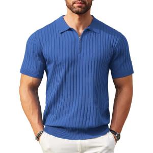 imageCOOFANDY Mens Zipper Polo Shirts Short Sleeve Ribbed Knit Polo T Shirts Fashion Casual Golf ShirtsBlue