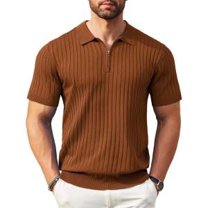 imageCOOFANDY Mens Zipper Polo Shirts Short Sleeve Ribbed Knit Polo T Shirts Fashion Casual Golf ShirtsBrown