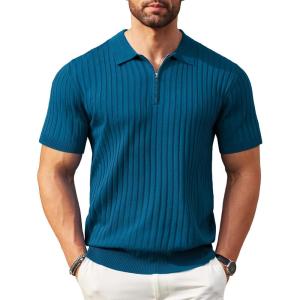 imageCOOFANDY Mens Zipper Polo Shirts Short Sleeve Ribbed Knit Polo T Shirts Fashion Casual Golf ShirtsDenim Blue