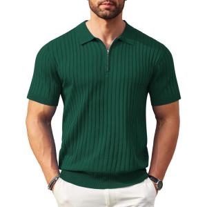 imageCOOFANDY Mens Zipper Polo Shirts Short Sleeve Ribbed Knit Polo T Shirts Fashion Casual Golf ShirtsHunter Green