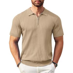imageCOOFANDY Mens Zipper Polo Shirts Short Sleeve Ribbed Knit Polo T Shirts Fashion Casual Golf ShirtsKhaki