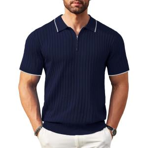 imageCOOFANDY Mens Zipper Polo Shirts Short Sleeve Ribbed Knit Polo T Shirts Fashion Casual Golf ShirtsNavy Blue Stripes