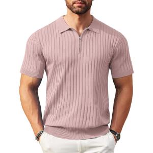 imageCOOFANDY Mens Zipper Polo Shirts Short Sleeve Ribbed Knit Polo T Shirts Fashion Casual Golf ShirtsPink
