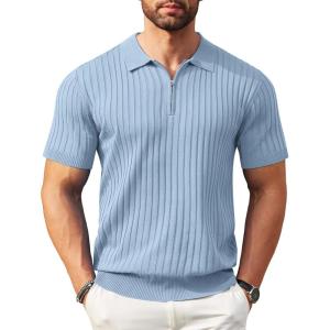 imageCOOFANDY Mens Zipper Polo Shirts Short Sleeve Ribbed Knit Polo T Shirts Fashion Casual Golf ShirtsSky Blue