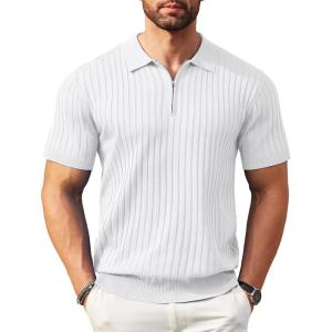 imageCOOFANDY Mens Zipper Polo Shirts Short Sleeve Ribbed Knit Polo T Shirts Fashion Casual Golf ShirtsWhite