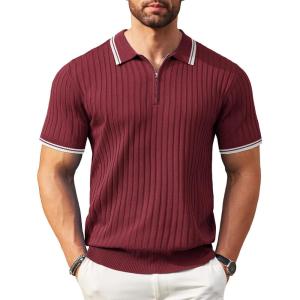 imageCOOFANDY Mens Zipper Polo Shirts Short Sleeve Ribbed Knit Polo T Shirts Fashion Casual Golf ShirtsWine Red Striped