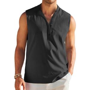 imageCOOFANDY Sleeveless Beach Shirts for Men Summer Tank Shirts Casual Henley Tank TopBlack