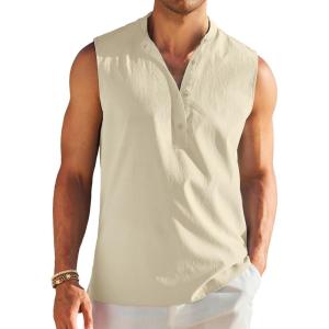 imageCOOFANDY Sleeveless Beach Shirts for Men Summer Tank Shirts Casual Henley Tank TopCream