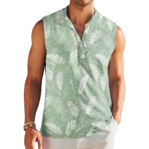 imageCOOFANDY Sleeveless Beach Shirts for Men Summer Tank Shirts Casual Henley Tank TopGreen Leaves
