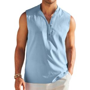 imageCOOFANDY Sleeveless Beach Shirts for Men Summer Tank Shirts Casual Henley Tank TopLight Blue
