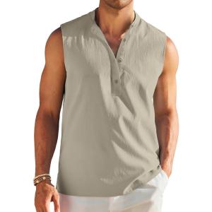 imageCOOFANDY Sleeveless Beach Shirts for Men Summer Tank Shirts Casual Henley Tank TopLight Grey