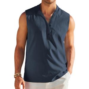 imageCOOFANDY Sleeveless Beach Shirts for Men Summer Tank Shirts Casual Henley Tank TopNavy Blue