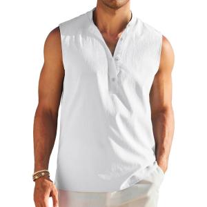 imageCOOFANDY Sleeveless Beach Shirts for Men Summer Tank Shirts Casual Henley Tank TopWhite
