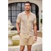 imageCOOFANDY Mens 2 Piece Outfit Vintage Short Sleeve Button Down Knit Polo Shirts Casual Beach Shorts Sets01light Khaki