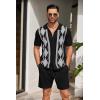 imageCOOFANDY Mens 2 Piece Outfit Vintage Short Sleeve Button Down Knit Polo Shirts Casual Beach Shorts SetsArgyleblack