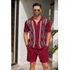 imageCOOFANDY Mens 2 Piece Outfit Vintage Short Sleeve Button Down Knit Polo Shirts Casual Beach Shorts SetsArgylered