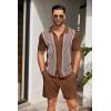 imageCOOFANDY Mens 2 Piece Outfit Vintage Short Sleeve Button Down Knit Polo Shirts Casual Beach Shorts SetsBrown