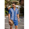 imageCOOFANDY Mens 2 Piece Outfit Vintage Short Sleeve Button Down Knit Polo Shirts Casual Beach Shorts SetsDark Blue