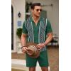 imageCOOFANDY Mens 2 Piece Outfit Vintage Short Sleeve Button Down Knit Polo Shirts Casual Beach Shorts SetsDark Green
