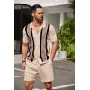 imageCOOFANDY Mens 2 Piece Outfit Vintage Short Sleeve Button Down Knit Polo Shirts Casual Beach Shorts SetsKhaki  Black