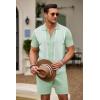 imageCOOFANDY Mens 2 Piece Outfit Vintage Short Sleeve Button Down Knit Polo Shirts Casual Beach Shorts SetsLight Green