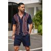 imageCOOFANDY Mens 2 Piece Outfit Vintage Short Sleeve Button Down Knit Polo Shirts Casual Beach Shorts SetsNavy Blue