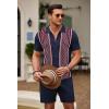 imageCOOFANDY Mens 2 Piece Outfit Vintage Short Sleeve Button Down Knit Polo Shirts Casual Beach Shorts SetsNavy Blue