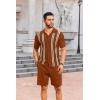 imageCOOFANDY Mens 2 Piece Outfits Summer Short Sets Vintage Knit Button Down Shirt Short Sleeve Polo Casual Beach SuitsCaramel