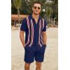 imageCOOFANDY Mens 2 Piece Outfits Summer Short Sets Vintage Knit Button Down Shirt Short Sleeve Polo Casual Beach SuitsNavy Blue