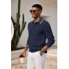 imageCOOFANDY Mens Knit Polo Shirts Long Sleeve Casual Polo Sweaters Shirt Waffle Textured Collared SweaterDark Blue White Striped