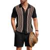 imageCOOFANDY Mens 2 Piece Outfit Vintage Short Sleeve Button Down Knit Polo Shirts Casual Beach Shorts SetsBlack  Brown