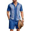 imageCOOFANDY Mens 2 Piece Outfit Vintage Short Sleeve Button Down Knit Polo Shirts Casual Beach Shorts SetsDark Blue