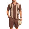 imageCOOFANDY Mens 2 Piece Outfits Summer Short Sets Vintage Knit Button Down Shirt Short Sleeve Polo Casual Beach SuitsBrown